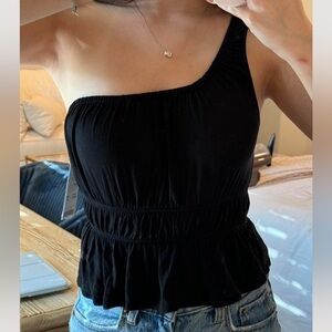 Urban Outfitters One-Shoulder Black Ruched Ruffled Crop Top